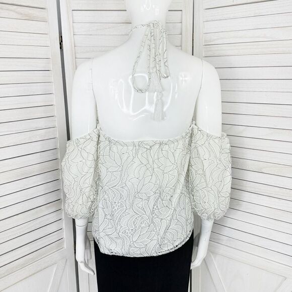 Beau Tissu Lace Cold Shoulder Puff Sleeve Halter Blouse White Black Small - Picture 4 of 13